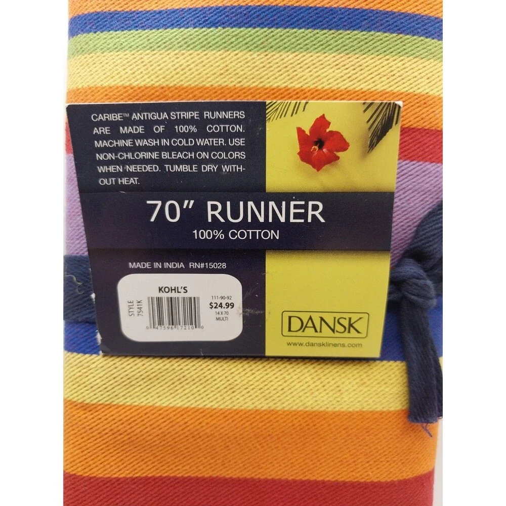 Vintage Dansk Antigua Rainbow Stripe Table Runner 70 inch 100 Percent Cotton NWT